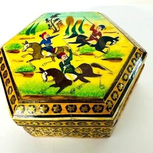 VTG Persian Khatam Inlaid Wood Trinket Box Marquetry Hunting Scene Hand Painted